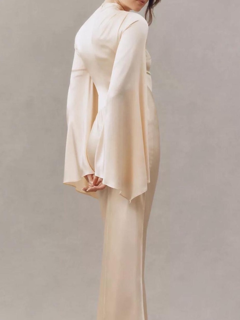 DE LA VALI Silk Cream Bell-Sleeve Maxi Wedding Dress $875 Size Small - Picture 2 of 5